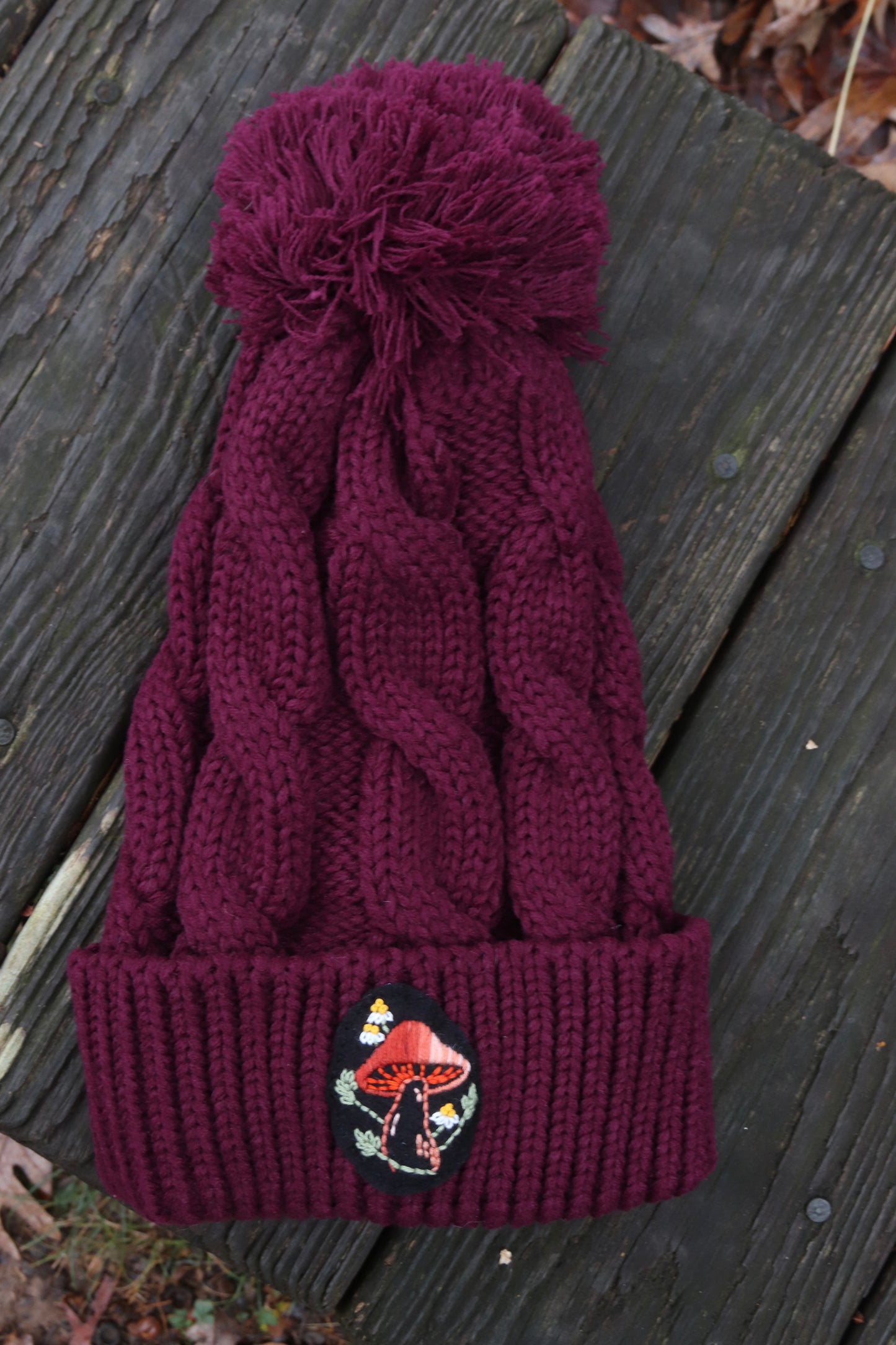 Mushroom Cable Knit Beanie (black patch)