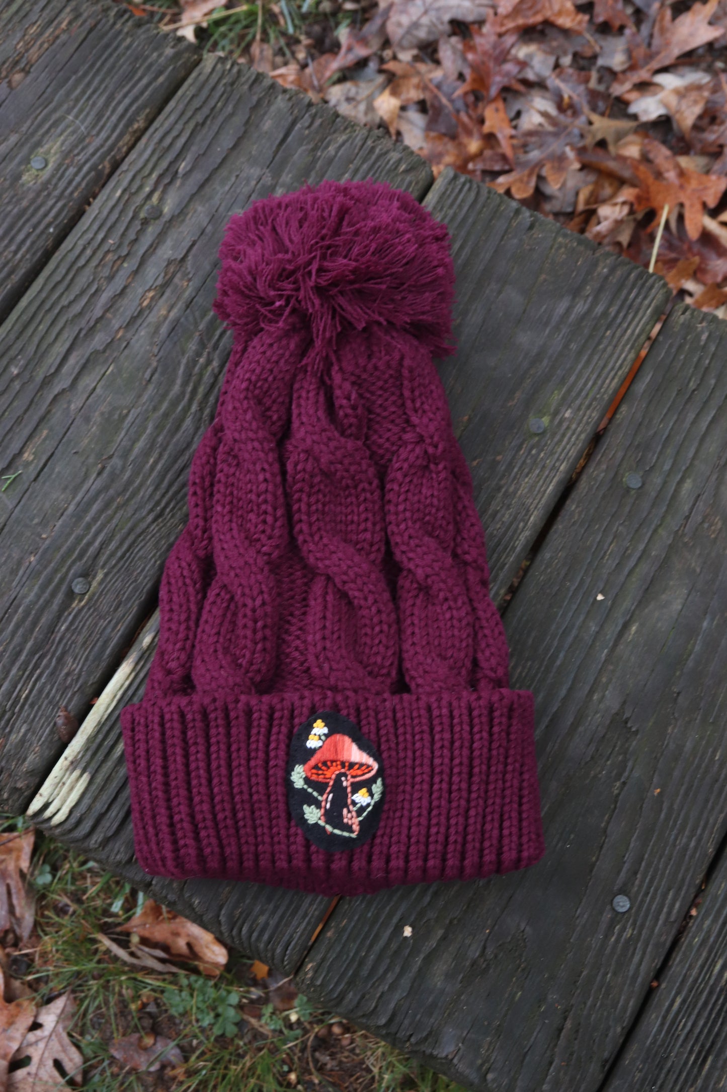 Mushroom Cable Knit Beanie (black patch)