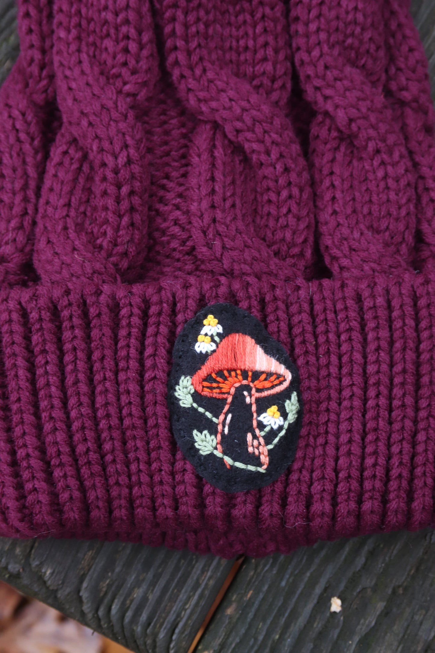 Mushroom Cable Knit Beanie (black patch)